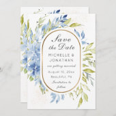 Save The Date Dusty Blue Boho Rose Verdure Or Frame (Devant / Derrière)