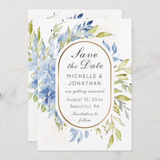 Save The Date Dusty Blue Boho Rose Verdure Or Frame (Devant / Derrière)
