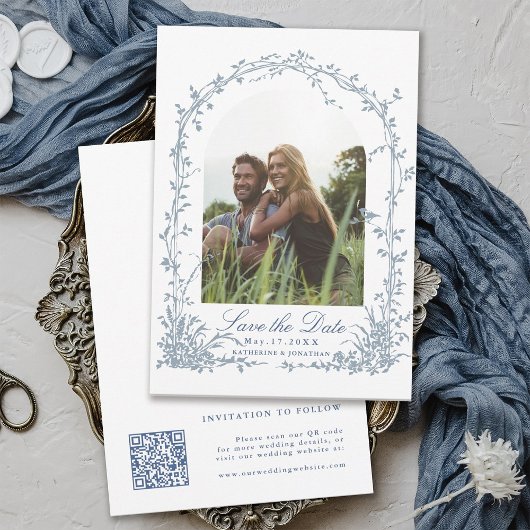 Save The Date Dusty Blue Botanical Arch Garden Wedding Photo
