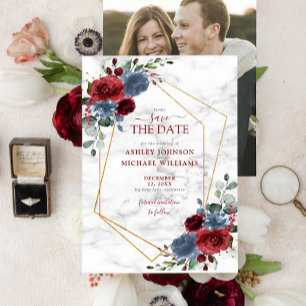 Save The Date Dusty Blue Burgundy Floral Photo Enregistrer la da