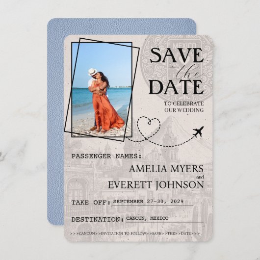 Save The Date Dusty Blue Cancun Passeport Enregistrer La Date (Devant / Derrière)