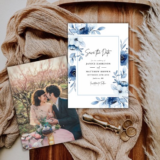 Save The Date Dusty Blue Champagne Ivory Floral Photo Mariage