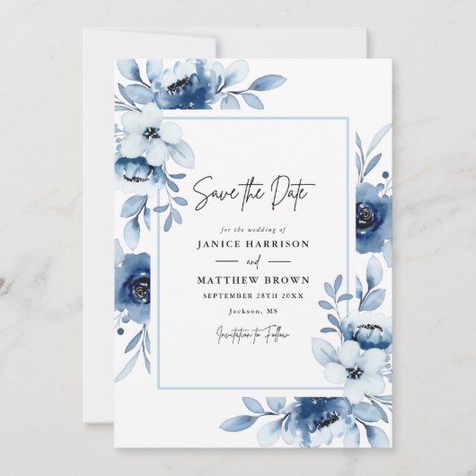 Save The Date Dusty Blue Champagne Ivory Floral Photo Mariage (Devant)