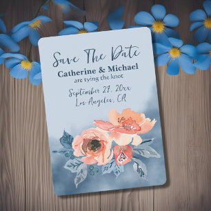 Save The Date Dusty Blue & Coral Rose Aquarelle Mariage Floral