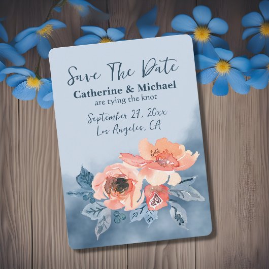 Save The Date Dusty Blue & Coral Rose Aquarelle Mariage Floral