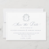 Save The Date Dusty Blue Crest Monogram Mariage QR Code (Devant)