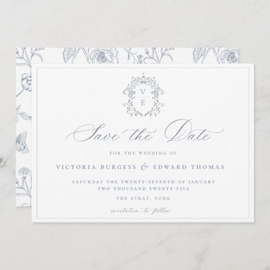 Save The Date Dusty Blue Crest Monogram Mariage QR Code (Devant / Derrière)