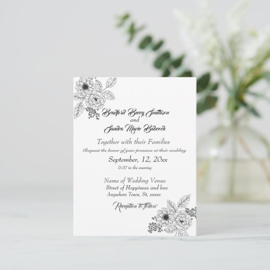 Save The Date Dusty Blue Elegant Blanc Gris Floral Mariage Coeur (Debout devant)