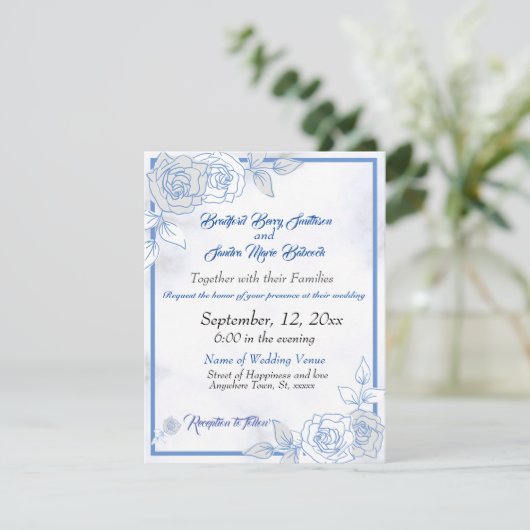 Save The Date Dusty Blue Elegant Blanc Gris Floral Mariage Coeur (Debout devant)
