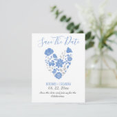 Save The Date Dusty Blue Elegant Blanc Gris Floral Mariage Coeur (Debout devant)