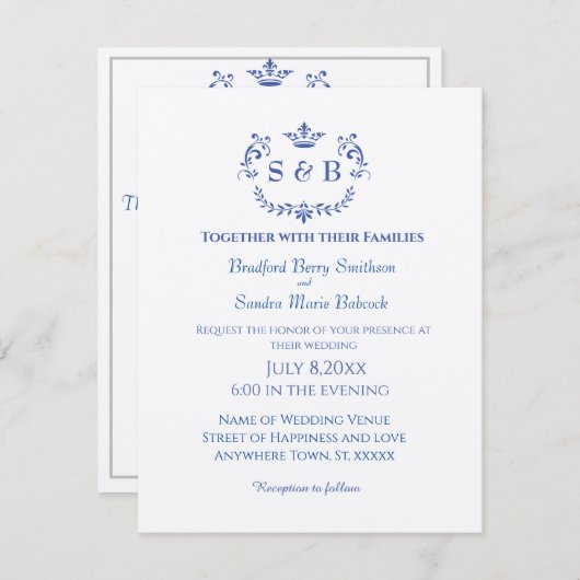 Save The Date Dusty Blue Elegant Blanc Gris Floral Mariage Coeur (Devant / Derrière)