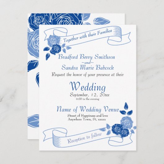 Save The Date Dusty Blue Elegant Blanc Gris Floral Mariage Coeur (Devant / Derrière)