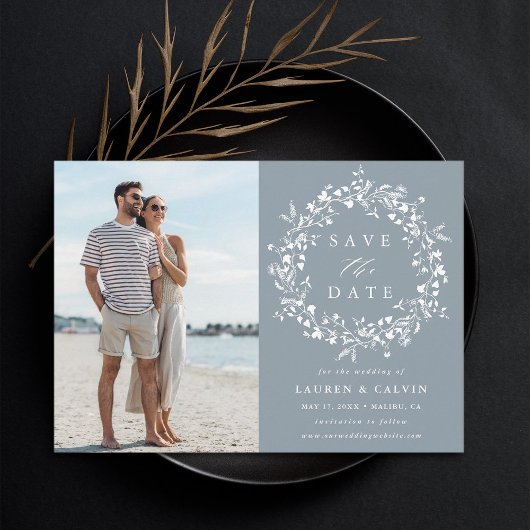 Save The Date Dusty Blue Elegant Boho Fleur sauvage Photo Mariag