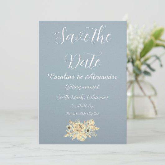 Save The Date Dusty Blue Elegant Boho Simple Mariage fantaisie (Debout devant)