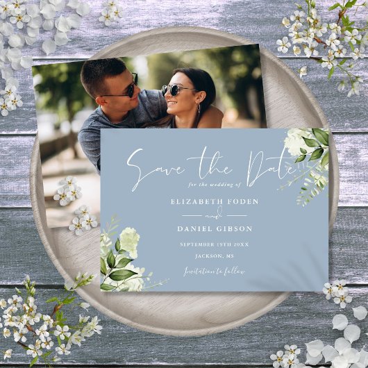 Save The Date Dusty Blue Elegant Greenery Floral Photo Mariage