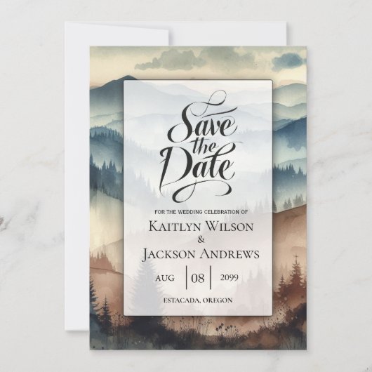 Save The Date Dusty Blue et Mocha Brown Mountains Mariage (Devant)