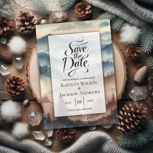 Save The Date Dusty Blue et Mocha Brown Mountains Mariage