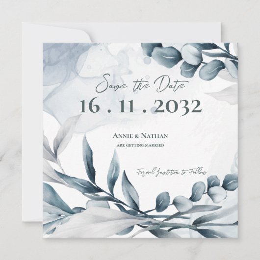 Save The Date Dusty Blue Eucalyptus Feuilles mariage élégant (Devant)