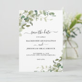 Save The Date Dusty Blue Eucalyptus Mariage Enregistrer la date (Debout devant)