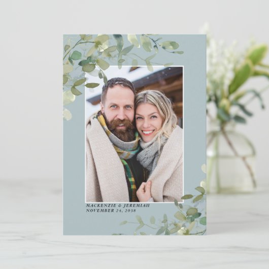 Save The Date Dusty Blue Eucalyptus Mariage Photo Enregistrer la (Debout devant)