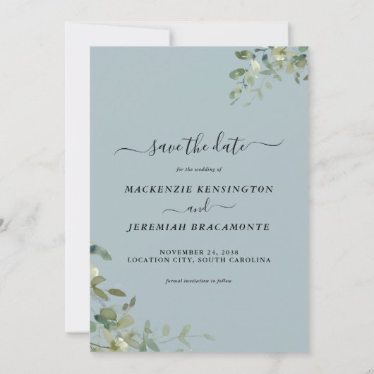Save The Date Dusty Blue Eucalyptus Mariage Photo Enregistrer la (Dos)