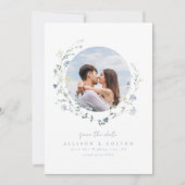 Save The Date Dusty Blue Fleur sauvage Rustic Boho Couples photo (Devant)