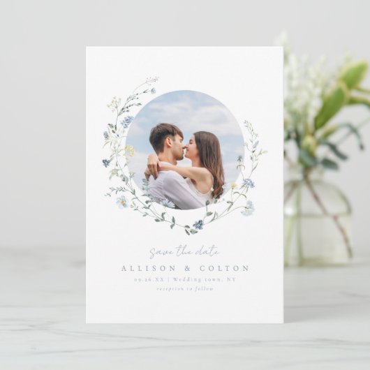 Save The Date Dusty Blue Fleur sauvage Rustic Boho Couples photo (Debout devant)