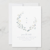 Save The Date Dusty Blue Fleur sauvage Rustic Boho Mariage monog (Devant)