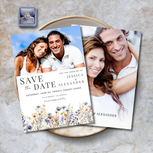 Save The Date Dusty Blue Fleurs sauvages Élégant deux Mariage ph