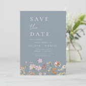 Save The Date Dusty Blue Fleurs sauvages Photo Boho Enregistrer (Debout devant)