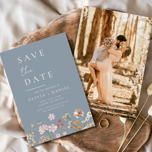 Save The Date Dusty Blue Fleurs sauvages Photo Boho Enregistrer