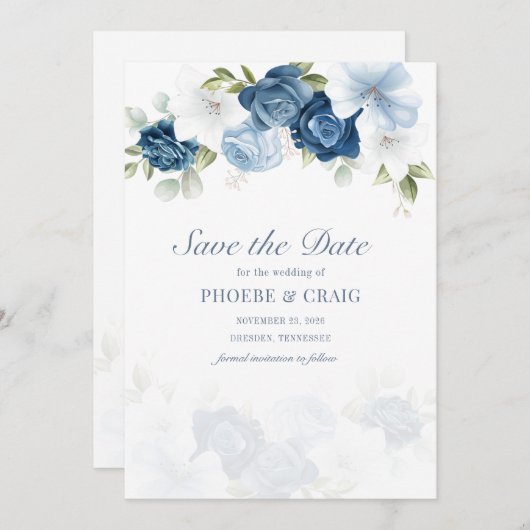 Save The Date Dusty Blue Floral Bloom Eucalyptus Succulent (Devant / Derrière)