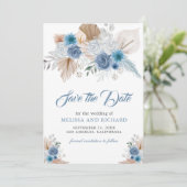 Save The Date Dusty Blue Floral Boho Pampas Photo QR Code (Debout devant)