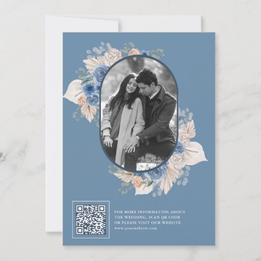 Save The Date Dusty Blue Floral Boho Pampas Photo QR Code (Dos)