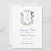Save The Date Dusty Blue Floral Crest Wedding Enregistrer La Dat (Devant)