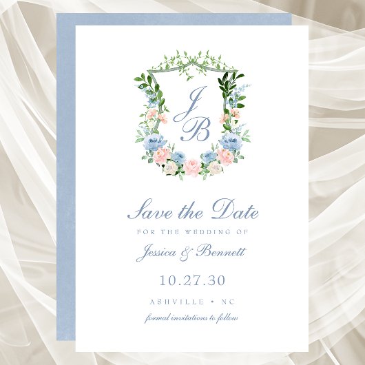 Save The Date Dusty Blue Floral Crest Wedding Enregistrer La Dat