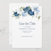 Save The Date Dusty Blue Floral Élégant Mariage de fleurs (Devant / Derrière)