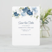 Save The Date Dusty Blue Floral Élégant Mariage de fleurs (Debout devant)