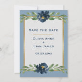 Save The Date Dusty Blue Floral Élégant Mariage or (Devant)