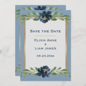 Save The Date Dusty Blue Floral Élégant Mariage or (Devant / Derrière)