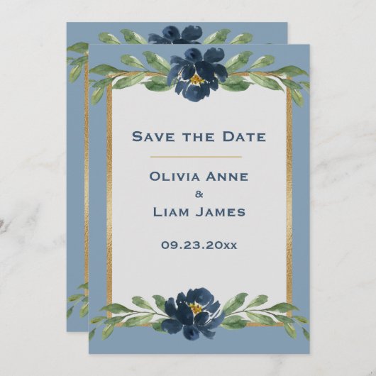 Save The Date Dusty Blue Floral Élégant Mariage or (Devant / Derrière)