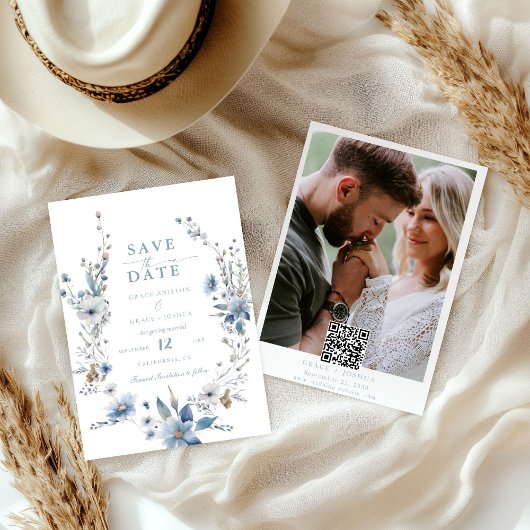 Save The Date Dusty Blue Floral Mariage de printemps Sauvez le
