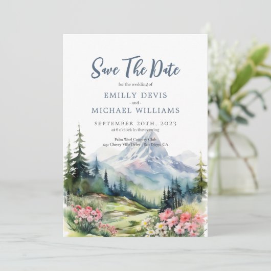 Save The Date Dusty Blue Floral Spring Mountains Mariage (Debout devant)