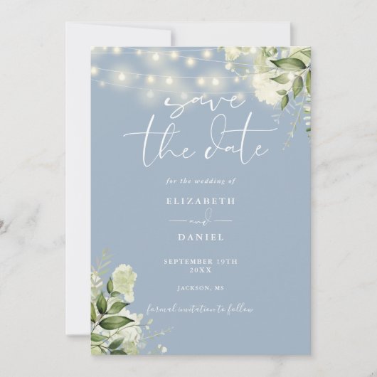 Save The Date Dusty Blue Floral String lights QR Code Mariage (Devant)