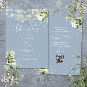 Save The Date Dusty Blue Floral String lights QR Code Mariage