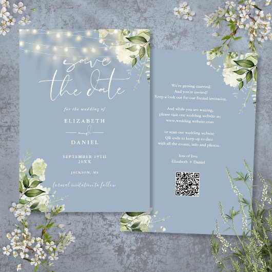 Save The Date Dusty Blue Floral String lights QR Code Mariage