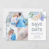 Save The Date Dusty Blue Florals 3 Photo Collage (Devant)