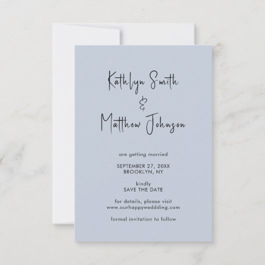 Save The Date Dusty Blue Fun Script Mariage photo moderne (Dos)