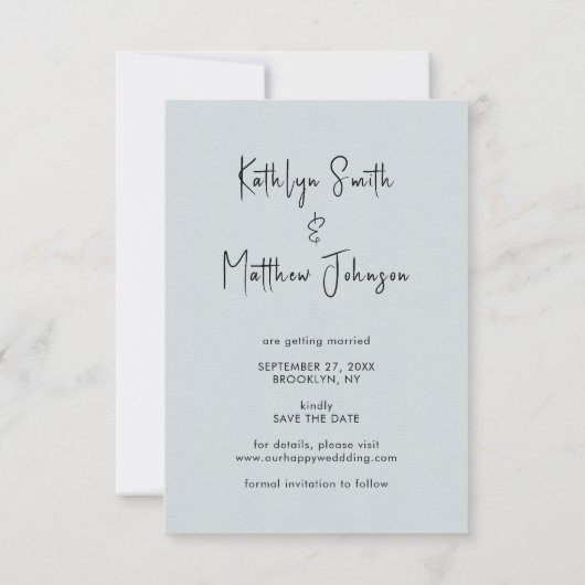 Save The Date Dusty Blue Fun Script Mariage photo moderne (Dos)