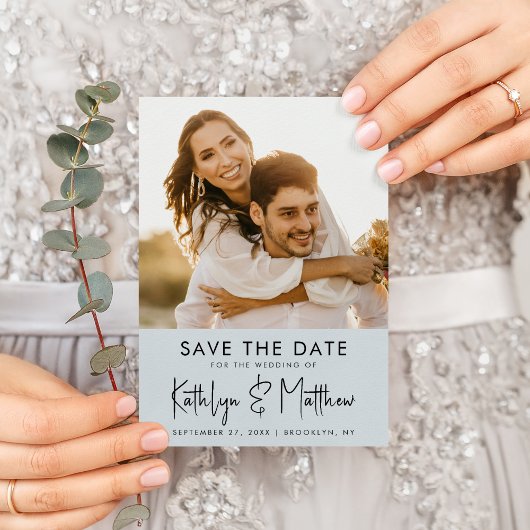 Save The Date Dusty Blue Fun Script Mariage photo moderne